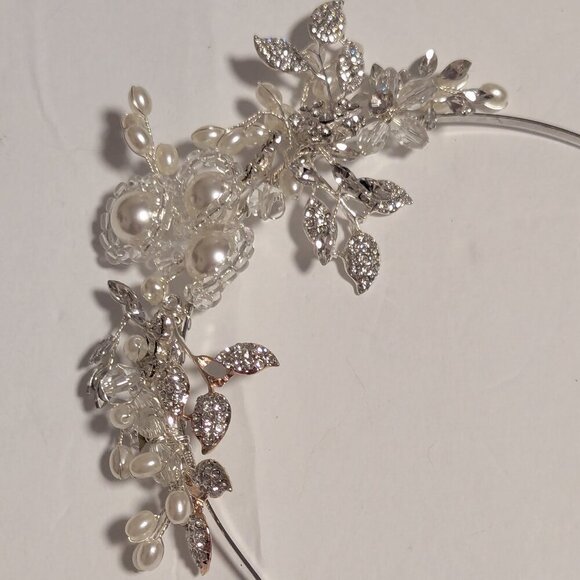 Pearl Rhinestone Headband Tiara Side View Silver Tone Bridal Event Ball Boho - Picture 4 of 6